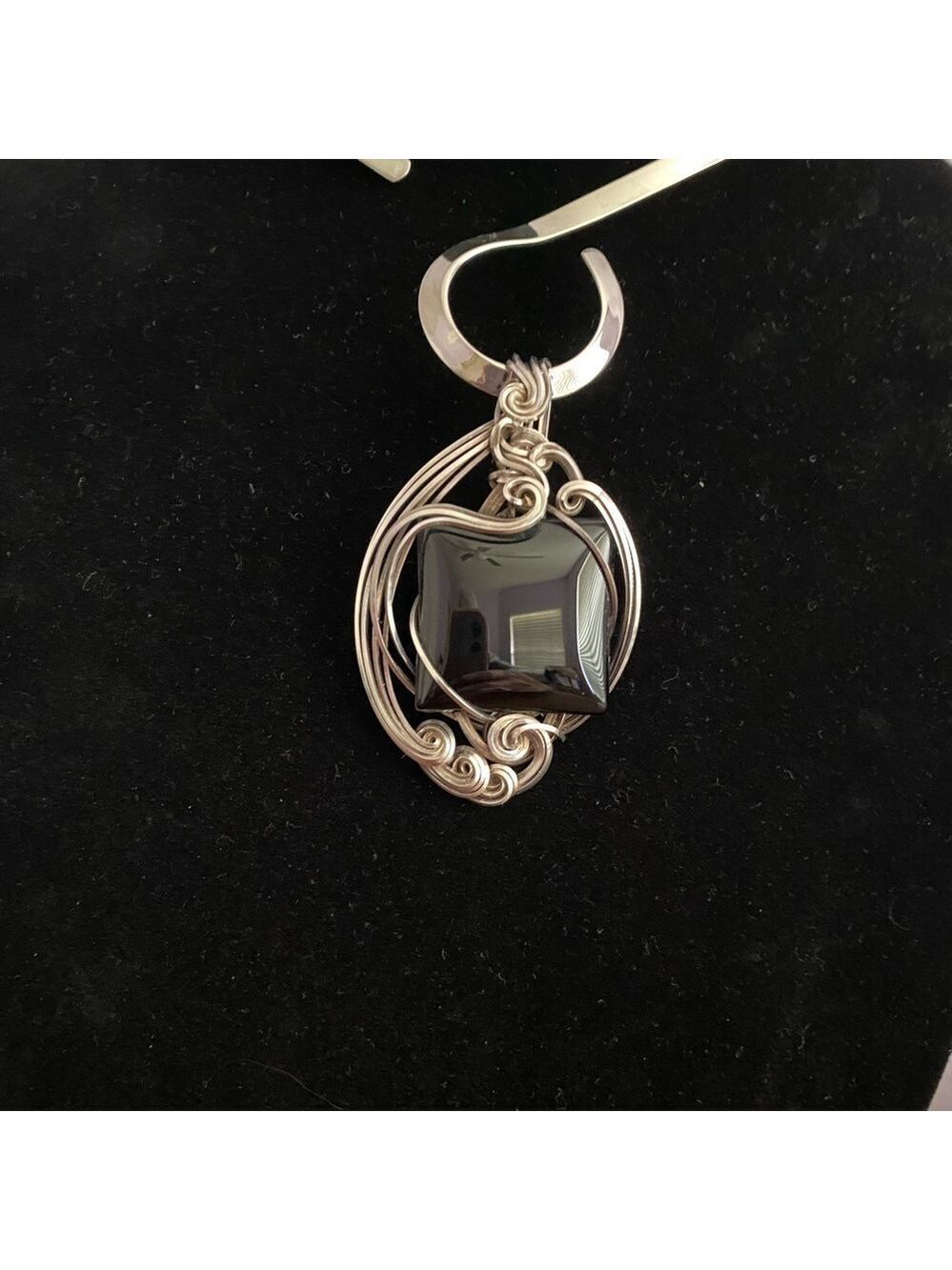 Onyx Pendant Handmade Twisted Silver Wire Wrap Artisan Statement - Picture 2 of 7